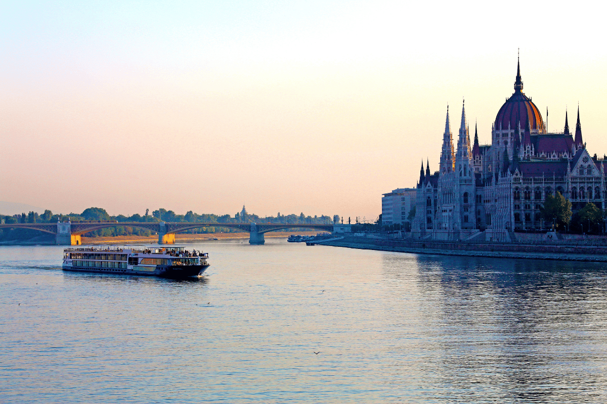River cruise ship sailing near Budapest