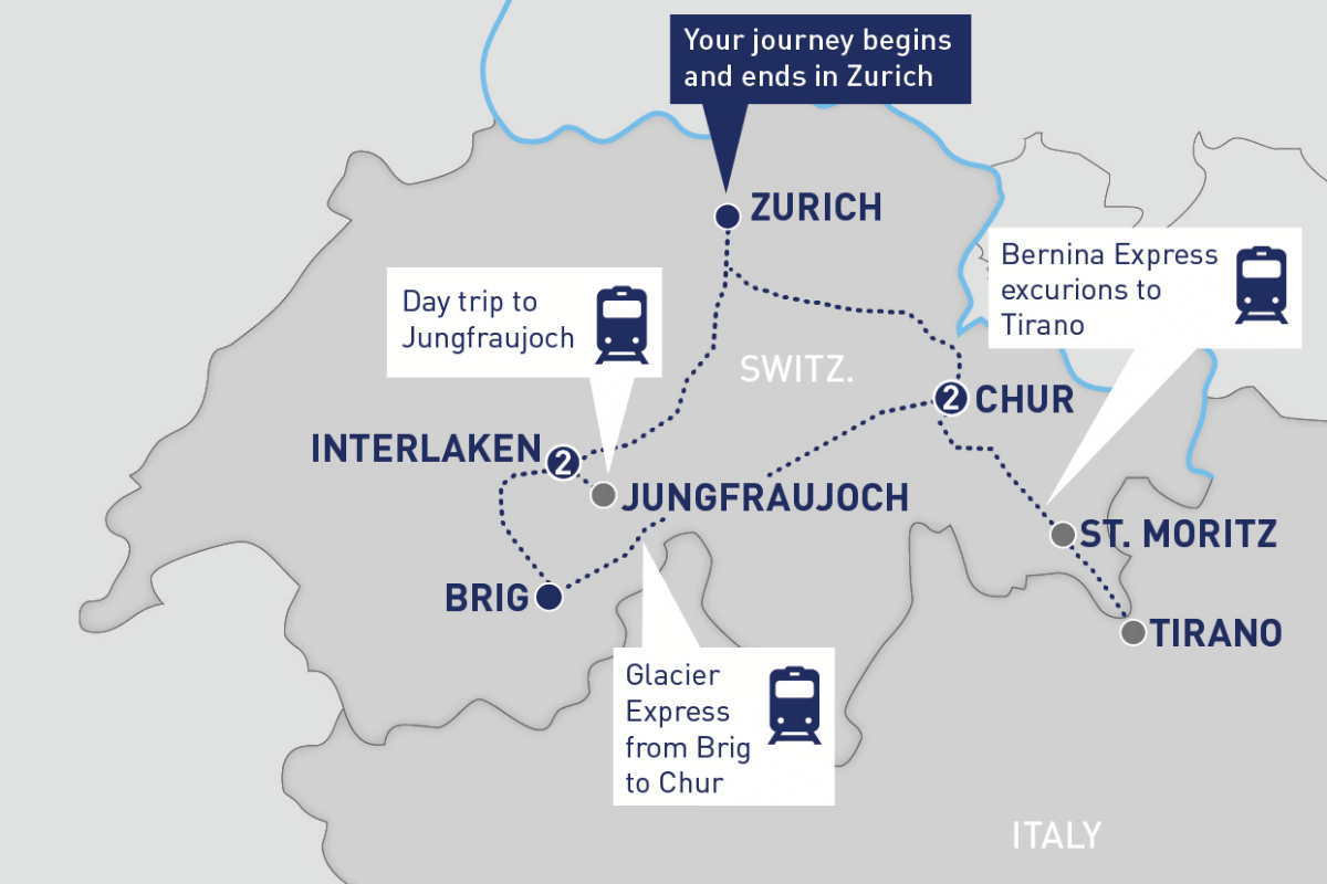 Map of a Glacier Express and Bernina Express rail vacation
