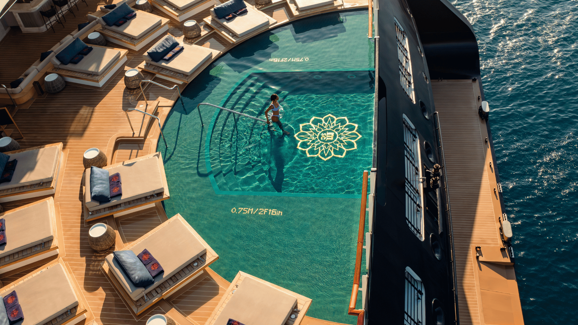 Infinity pool at the rear of an Explora Journeys ship overlooking the sea